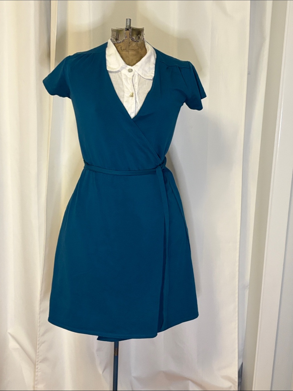 Pact true wrap dress teal size small cotton fit and flare cap sleeves